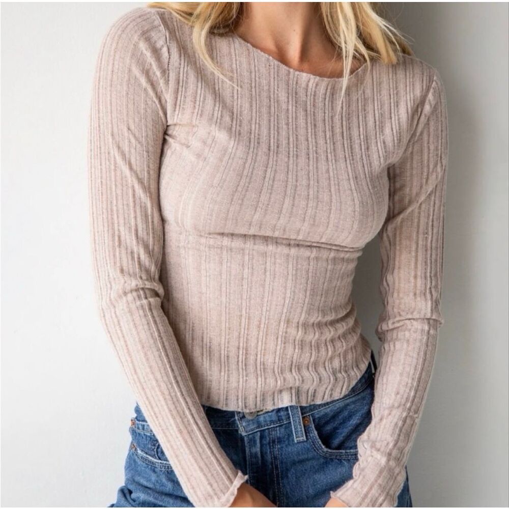 Natural Life Semi Sheer Ribbed Long Sleeve Layering Top Beige Large NWT - Picture 12 of 12